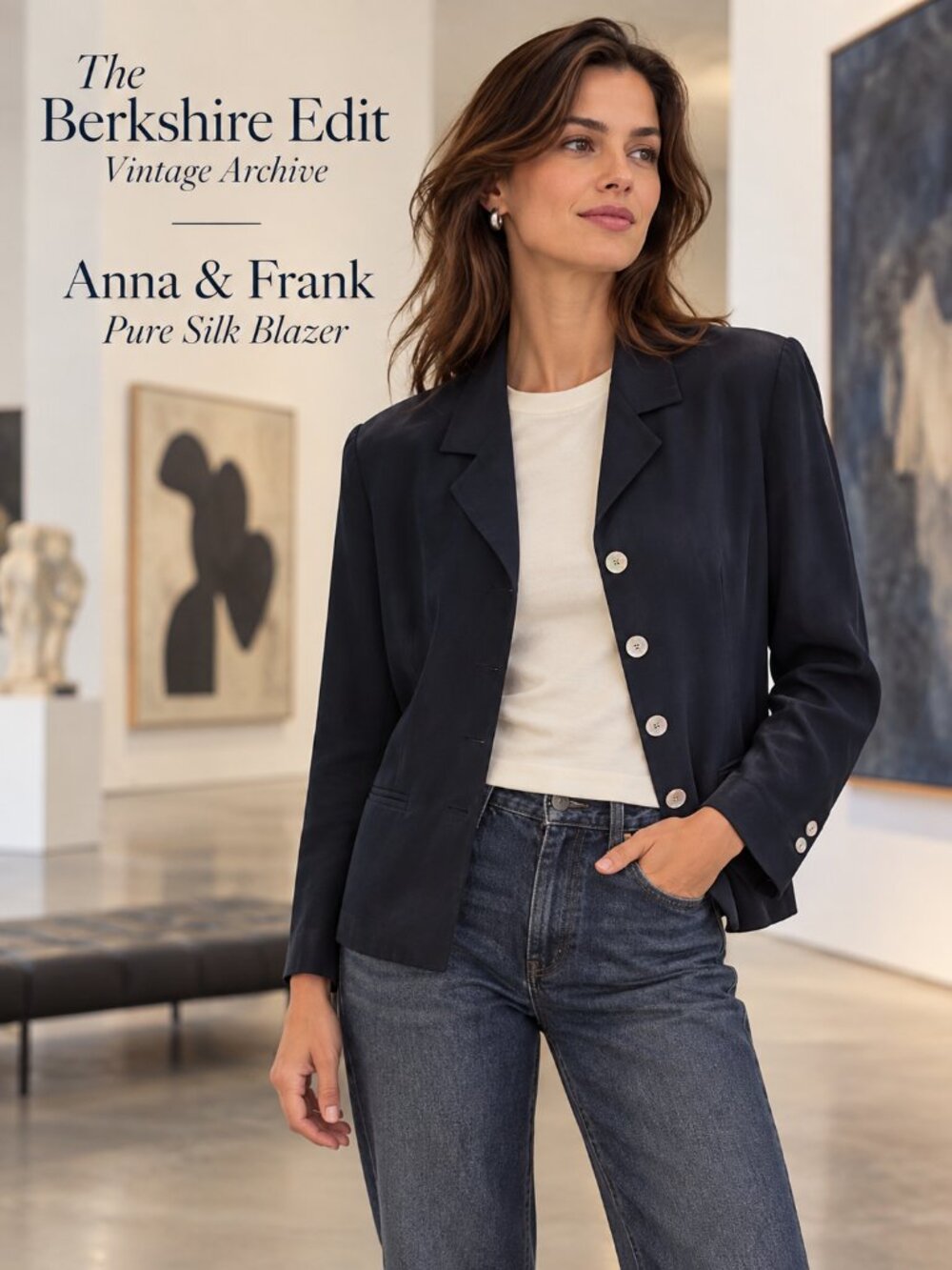Vintage Anna & Frank 100% Silk Navy Blazer Shell Button Jacket 12